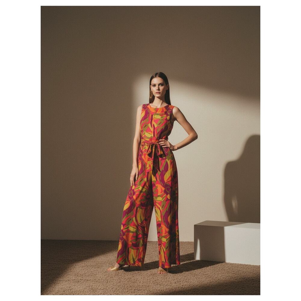 Vintage 60s Lisanne Floral Jumpsuit Womens M-L Orange Mod Psychedelic Wide Leg